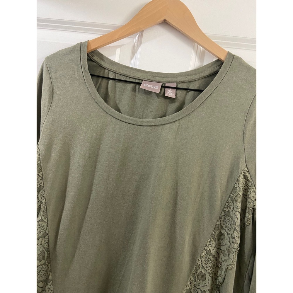 Chico's Olive Green Lace Panel Long Sleeve Cotton Modal Top Size 1 M